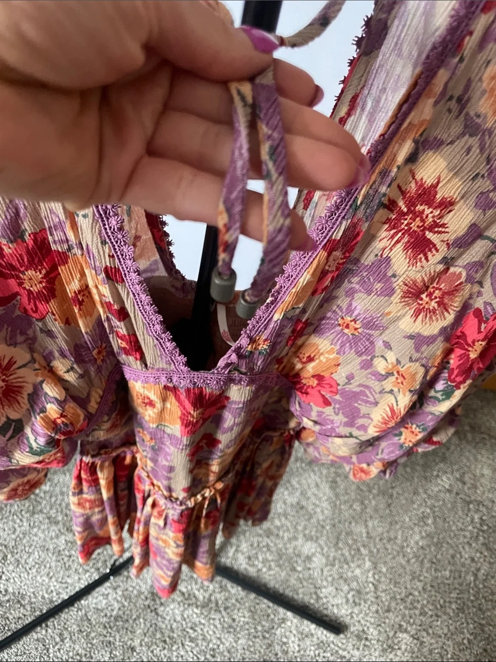 Free People Floral V-Neck Empire Mini Dress - Purple & Red & Yellow